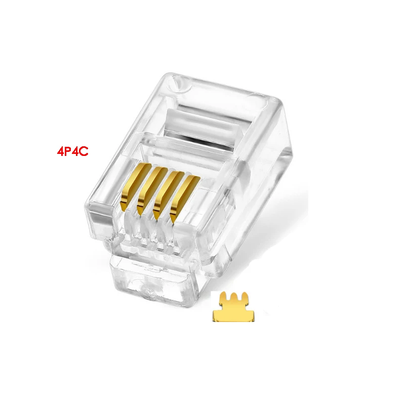 

100pcs/lot RJ9 RJ10 4P4C Crystal Head Telephone Modular Connector Plug Gold Plated 4 Core Conductors Network Connectors