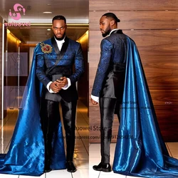 Luxury Shiny Royal Satin Suits For Men Customized 3 Piece Jacket with Long Cape Pants Set Formal Groom Wedding Party Prom Tuxedo