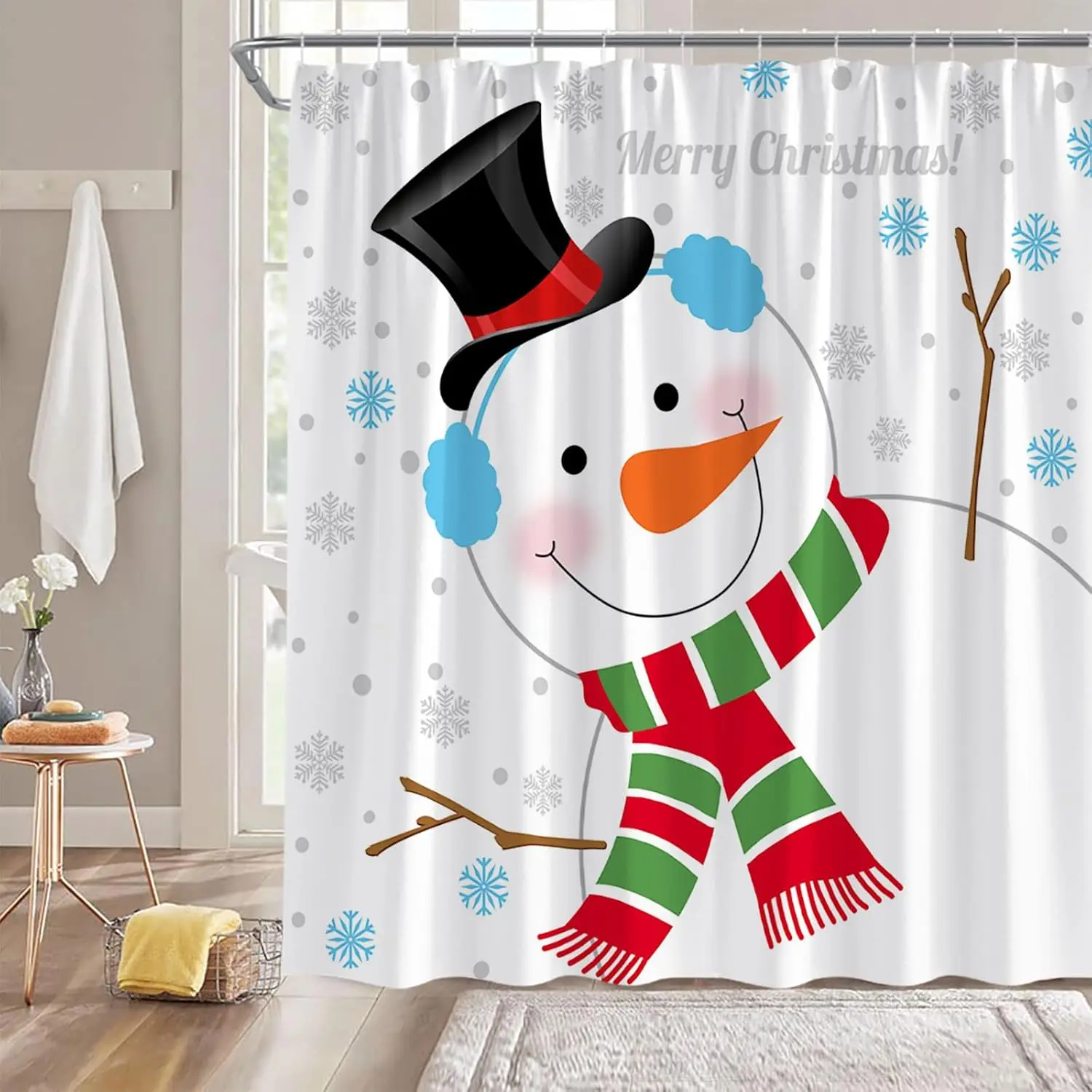 Christmas Snowman Shower Curtain Cute Snowman Snowflakes Funny Xmas Winter Holiday Bathroom Decor Curtain with Hooks,White