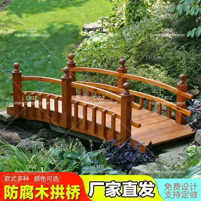 Anticorrosive Wood Arch Bridge Villa Landscape Small Covered Bridge with Handrail Wooden Plank Deck Magpie Bridge Garden