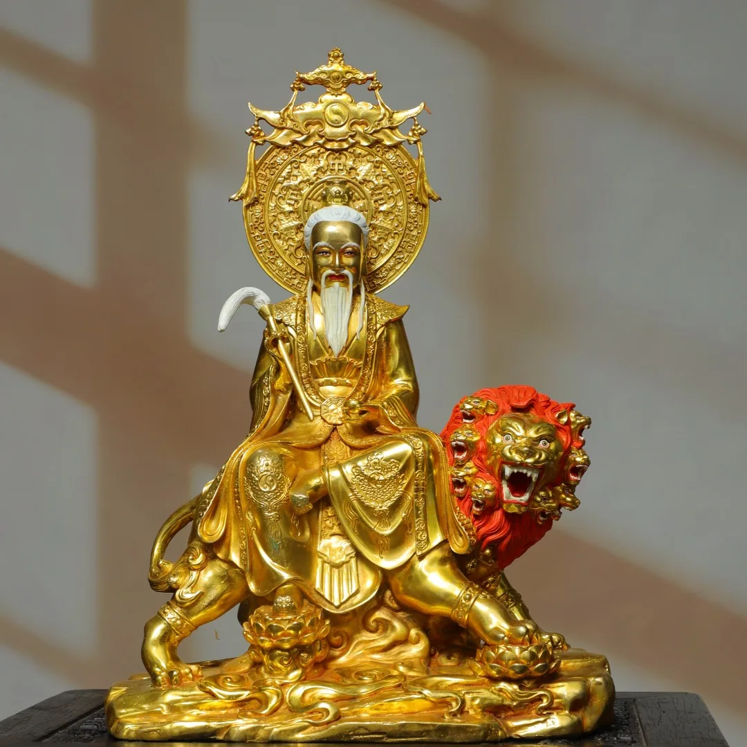 16 Folk Old Bronze Gilded Painted Face Taiyi Zhenren Qingwei Master immortal Nine lion mounts Sitting Buddha Worship Hall
