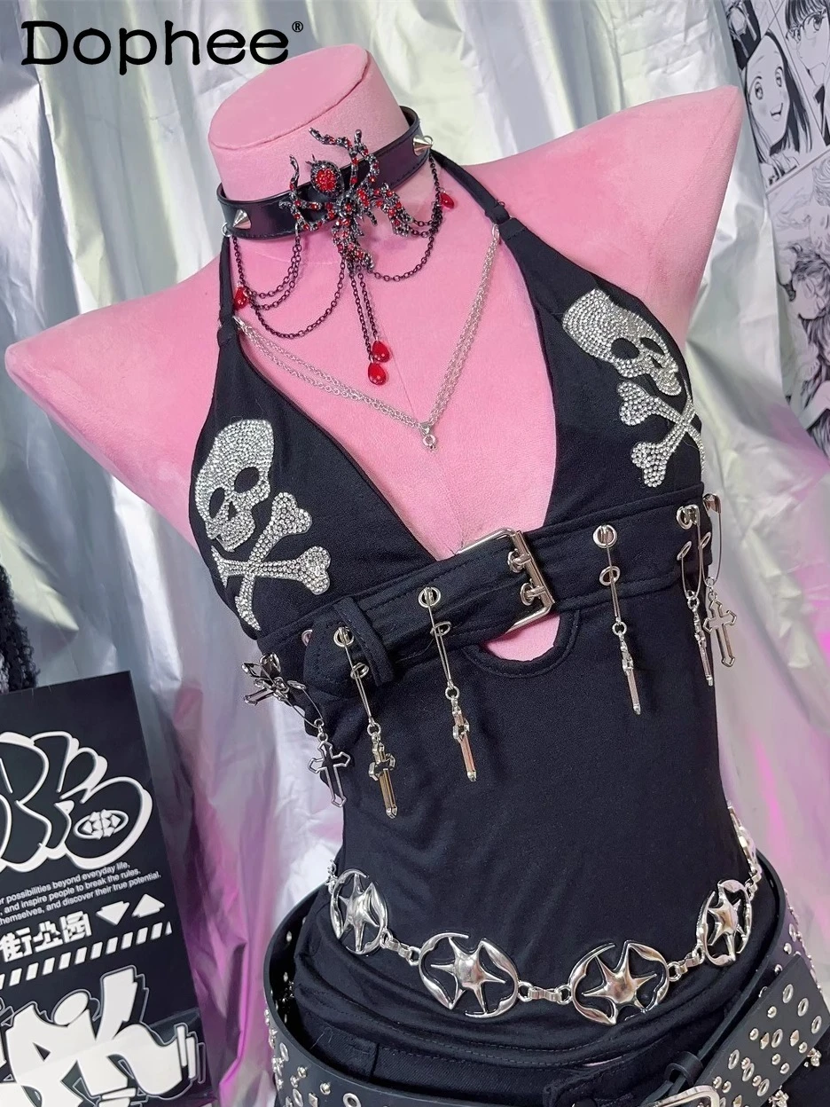 Y2K Subculture Japanese Original Hot Girl Sexy Top Punk Gothic Halter Skull Cross Strap Vest for Women