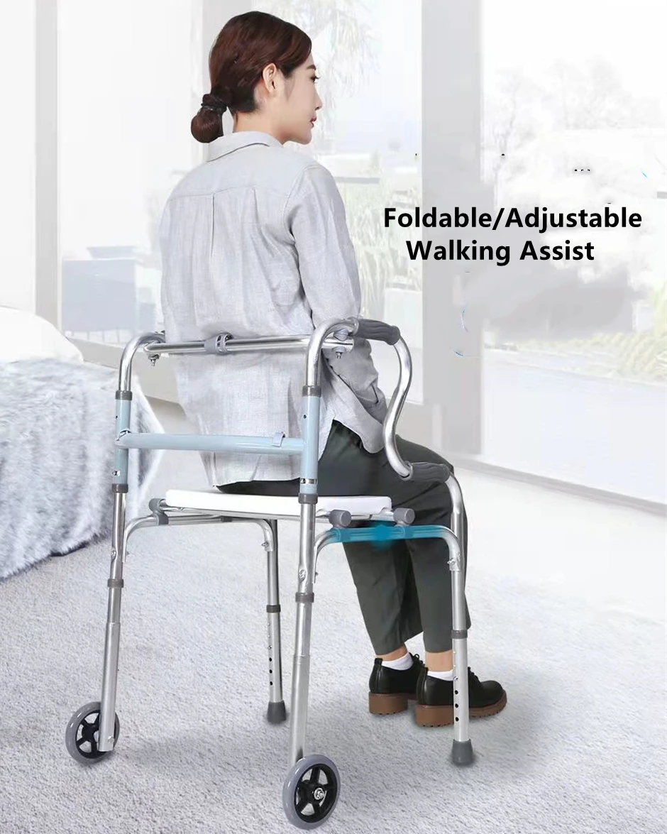 Elderly Foldable Rehabilitation Walker Adjustable Walking Assist Aluminum Alloy Standing Frame Disabled Mobility Training Tools