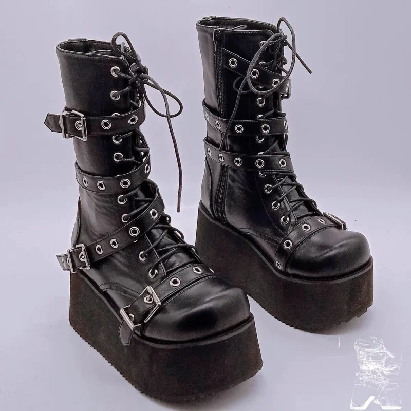 Women\'s Black Punk Couture Platform Boots Round Toe Belt Buckle Side Zipper Gothic Cosplay Pumps Autumn Shoes for Women