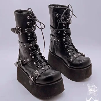 Stivali con plateau punk couture neri da donna Punta tonda Fibbia per cintura Cerniera laterale Décolleté cosplay gotici Scarpe autunnali per donna