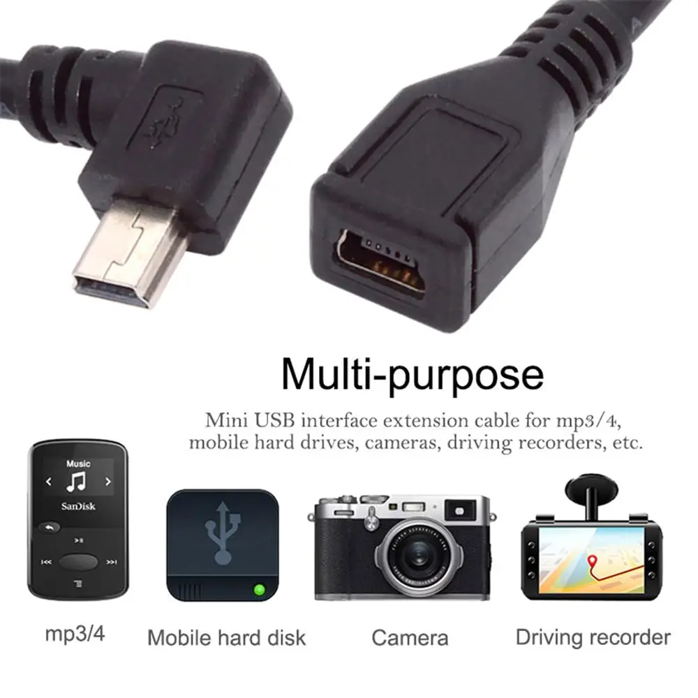 90 Degree Left Angled Mini USB 5Pin Male to Female Extension Cable for GPS Camera 30cm