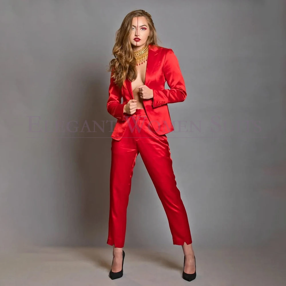 

High Quality Red Women's Suits Slim Fit One-Button Skinny Blazer Luxury Prom Party Shopping 2 Piece Jacket Pants Topcoat