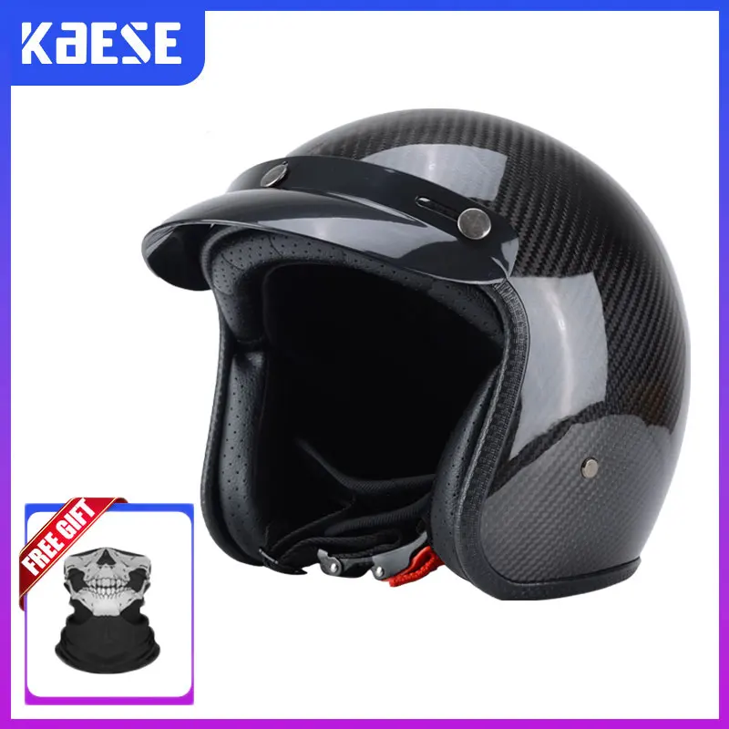 

Open Face Carbon Fiber Helmet 3K Ultra Light 3/4 Motorcycle Helmets Ultra Light Vintage Carbon Shell Safety Cap DOT Approved