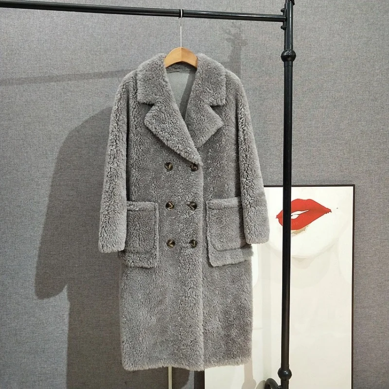 Double-Breasted Suit Collar Lamb Fur Coat Knee-Length Long Sheep Shearling Warm 2025 Winter Outerwear JT511