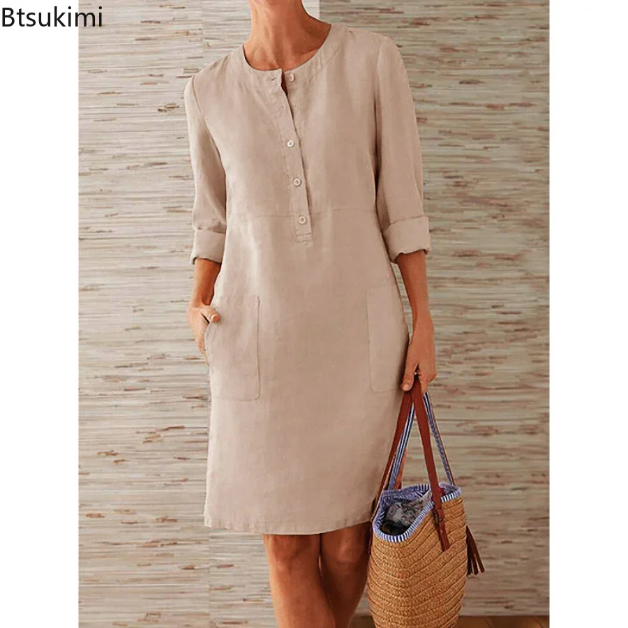 

2024 Women's Summer Cotton Linen Dress Solid O-neck Long Sleeve Casual Dresses Female Woman Vestidos Ladies Dresses Oversized