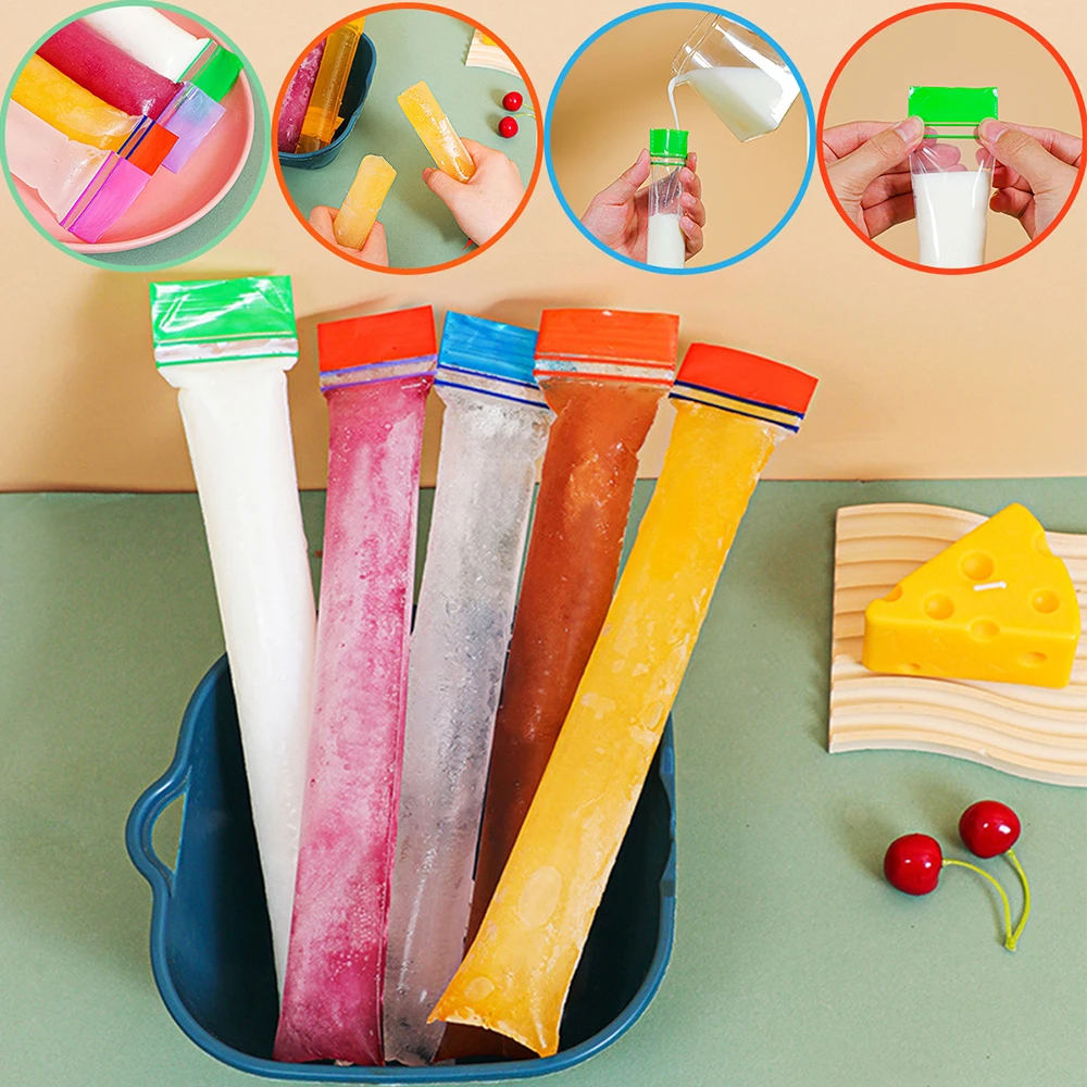 

100/200Pcs Disposable Ice Popsicle Bags Freezer Tubes Ice Pop Mold Pouches Double Zip Seals Juice Yogurt DIY Homemade Supplies