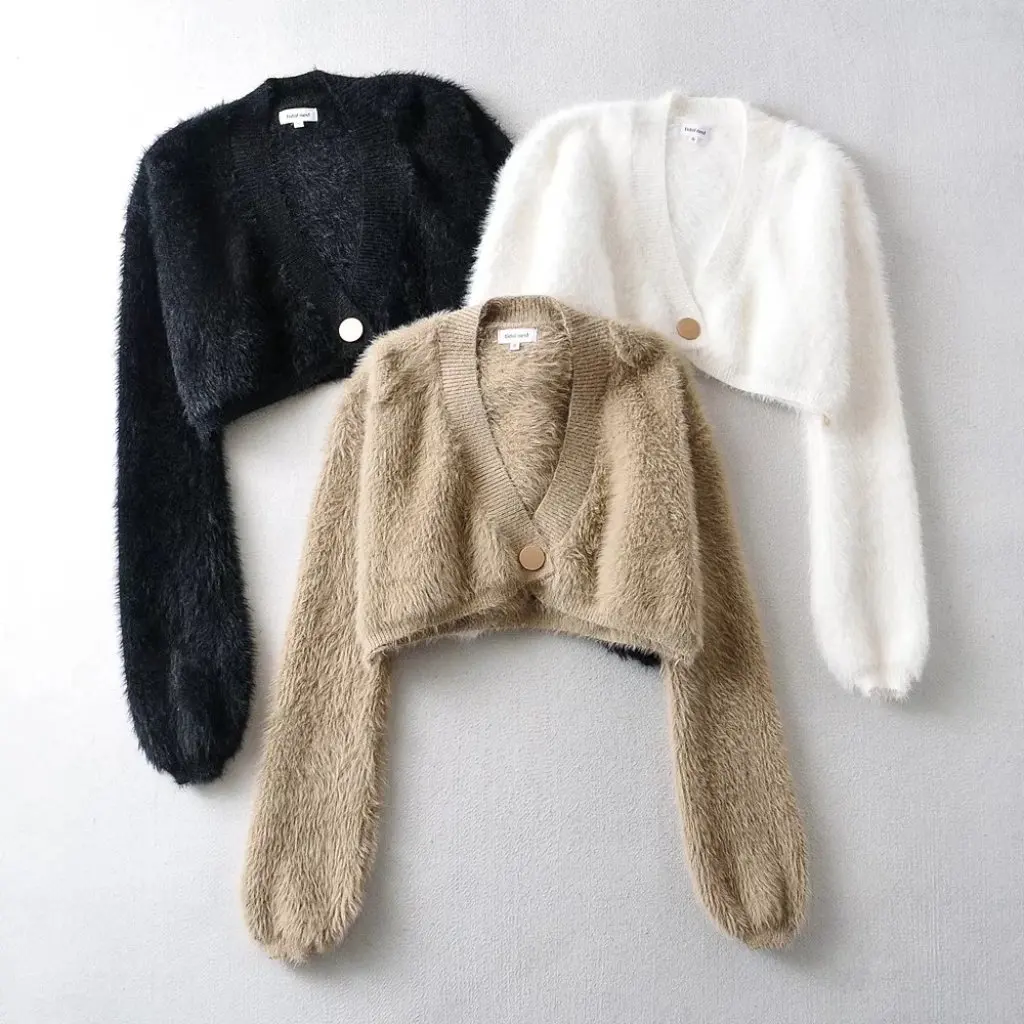 

Korean Style High Waist Short Mohair Knitted Sweater Cardigan Women's Autumn Winter Lazy One Button Design Fashion Top