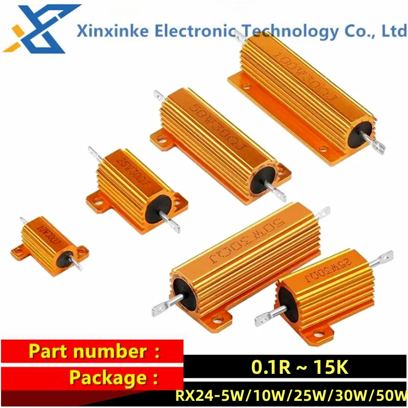 5PCS RX24 10W Aluminum Power Metal Shell Case Wirewound Resistor 0.1R 0.33 0.47 0.68 0.75 1 2 3 5 10 20 50 200R 1K 10K 100K ohm