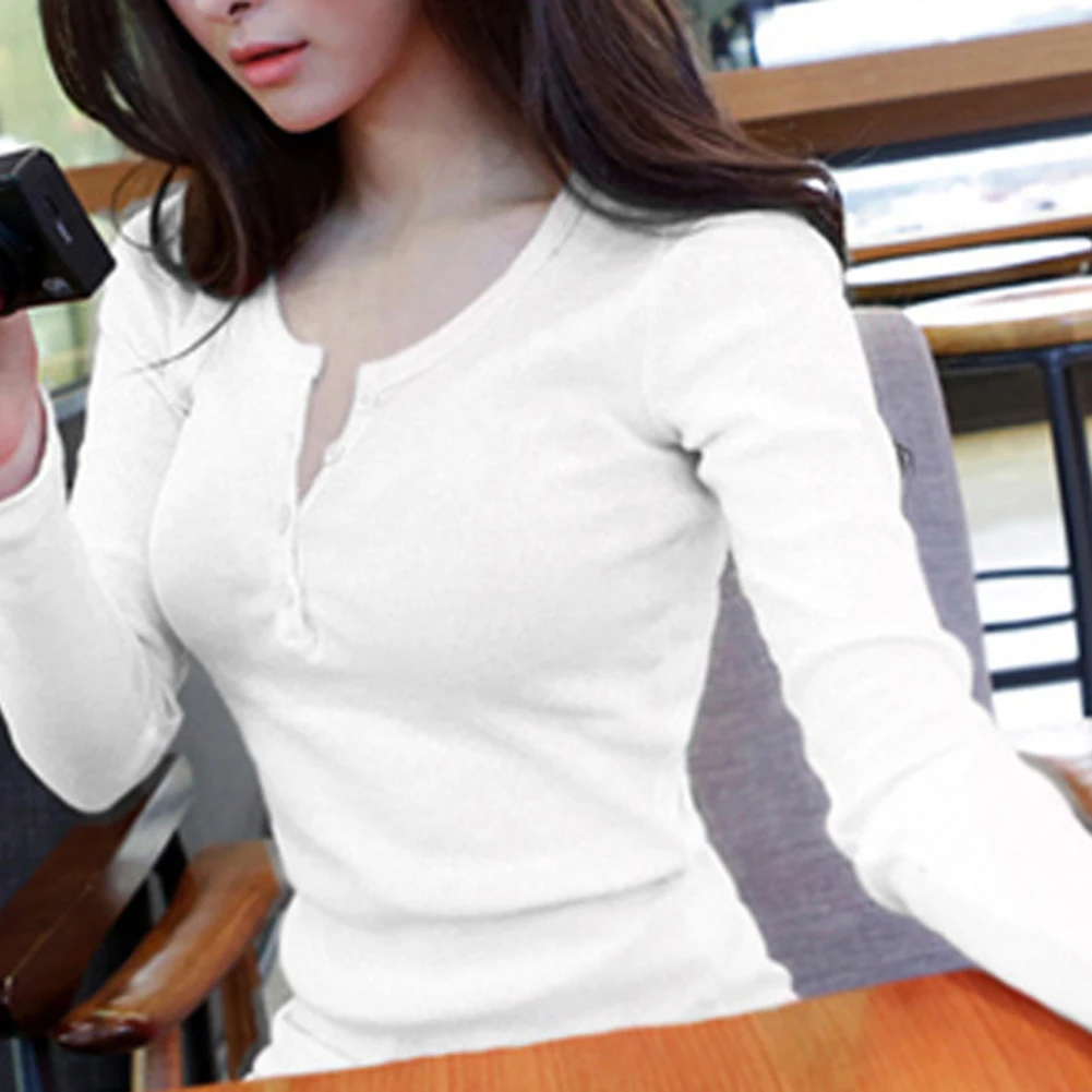 Camiseta de manga larga con capa Base para mujer, top elástico con cierre de botón de color sólido, top ajustado para salidas informales