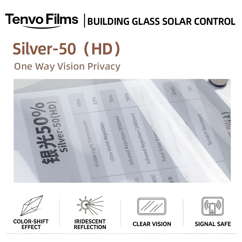 Silver 50 HD Window Film Roll PET Solar Control Anti Glare One Way Privacy Tint Simple DIY Installation For Vehicle House Glass