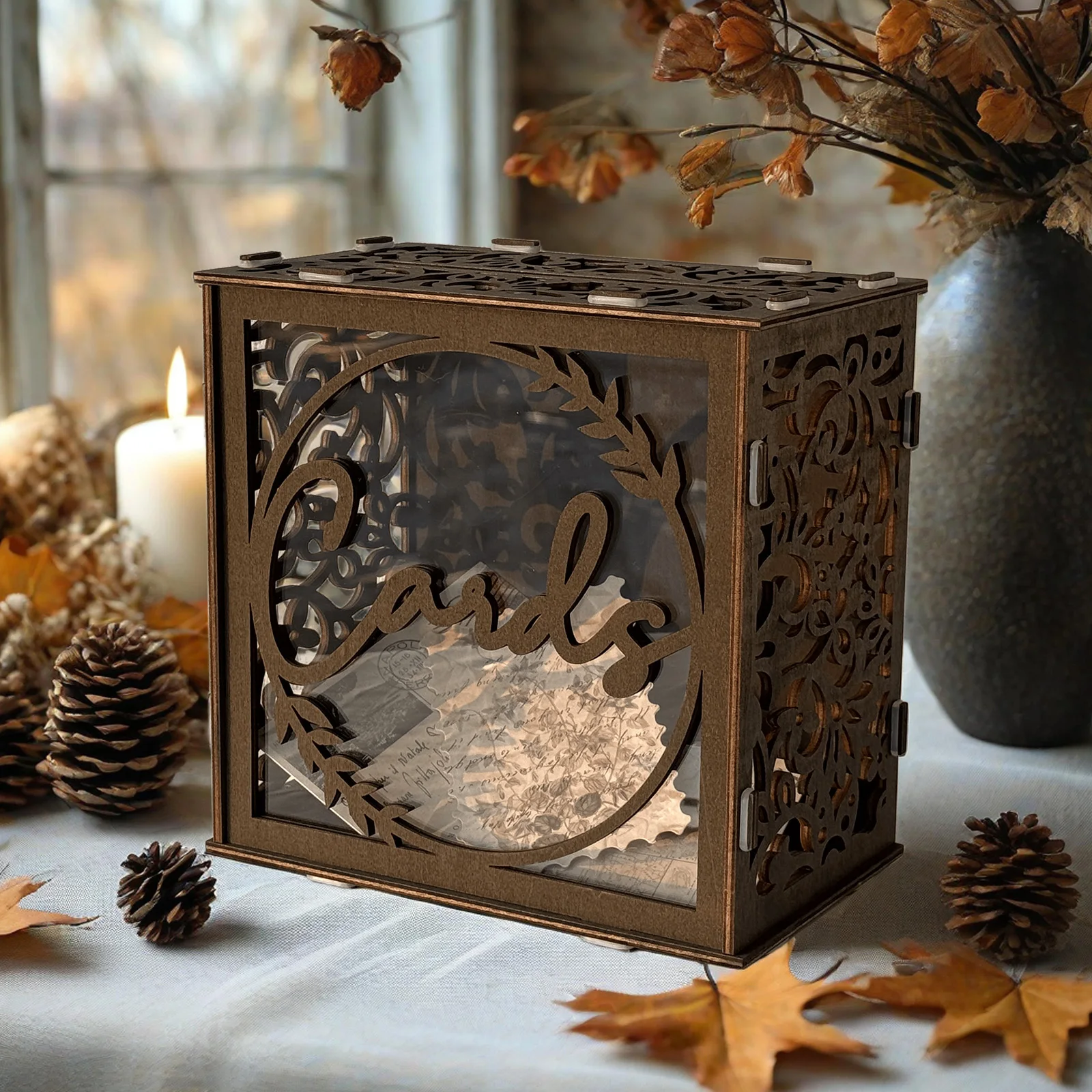 

OurWarm wooden wedding card box for wedding reception, dark grey wedding card box for baby shower, birthday, graduation party