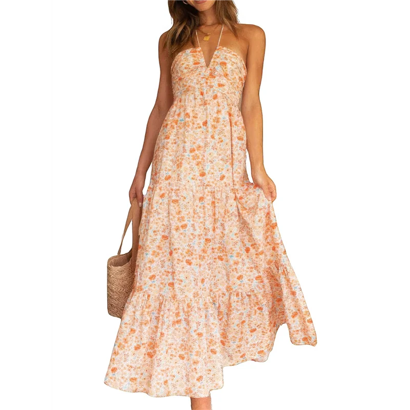 【SEE】 Vestido feminino sem mangas maxi sem costas com babado bainha em camadas vestido longo fluido verão vestido de verão de corte baixo