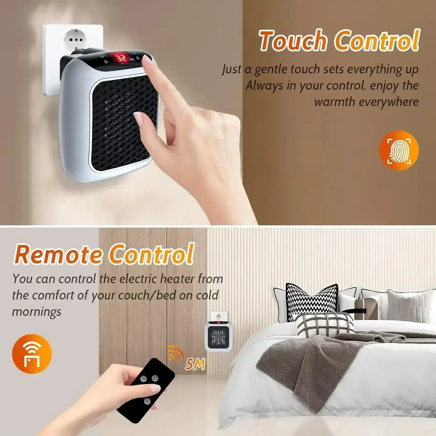 800W Mini Heater for Home Small Bathroom Heating Fans Wall Mounted PTC Ceramic Electric Heater with Remote Control Household