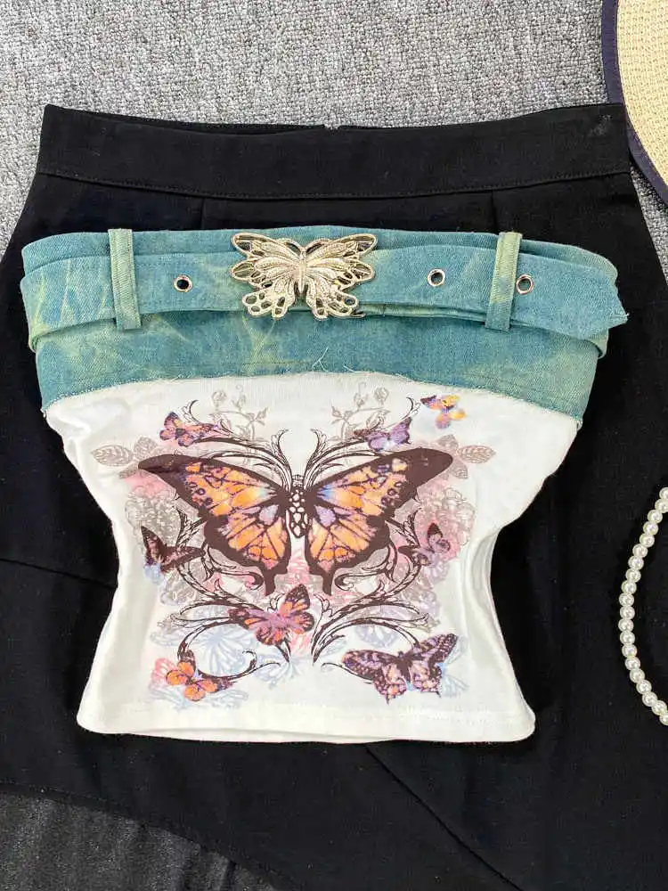 ผู้หญิงสีขาวY2k Crop Top Vintageผีเสื้อพิมพ์Camisoleปิดไหล่Patchworkรัดตัวเสื้อแขนกุดTank Top 2000Sเสื้อผ้า