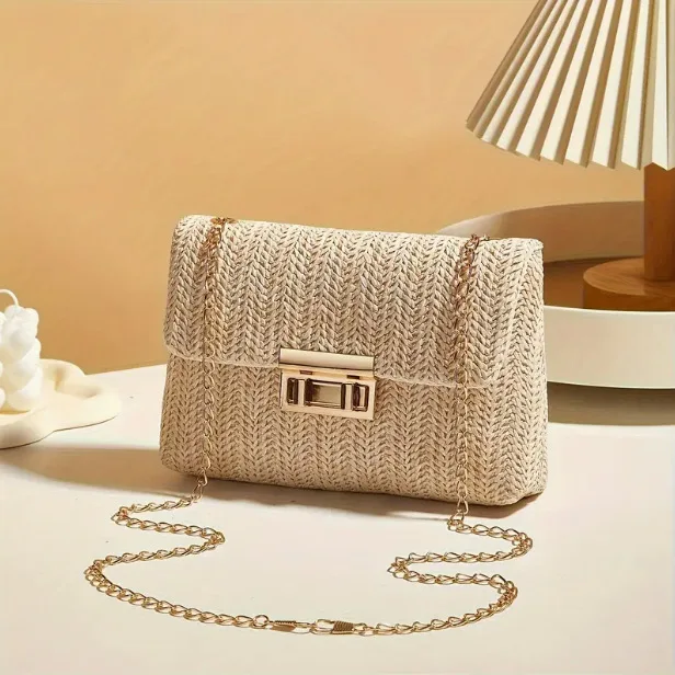 Hand-Woven Ladies Straw Shoulder Bag, Chain Lock Messenger Bag, Small Square Bag.