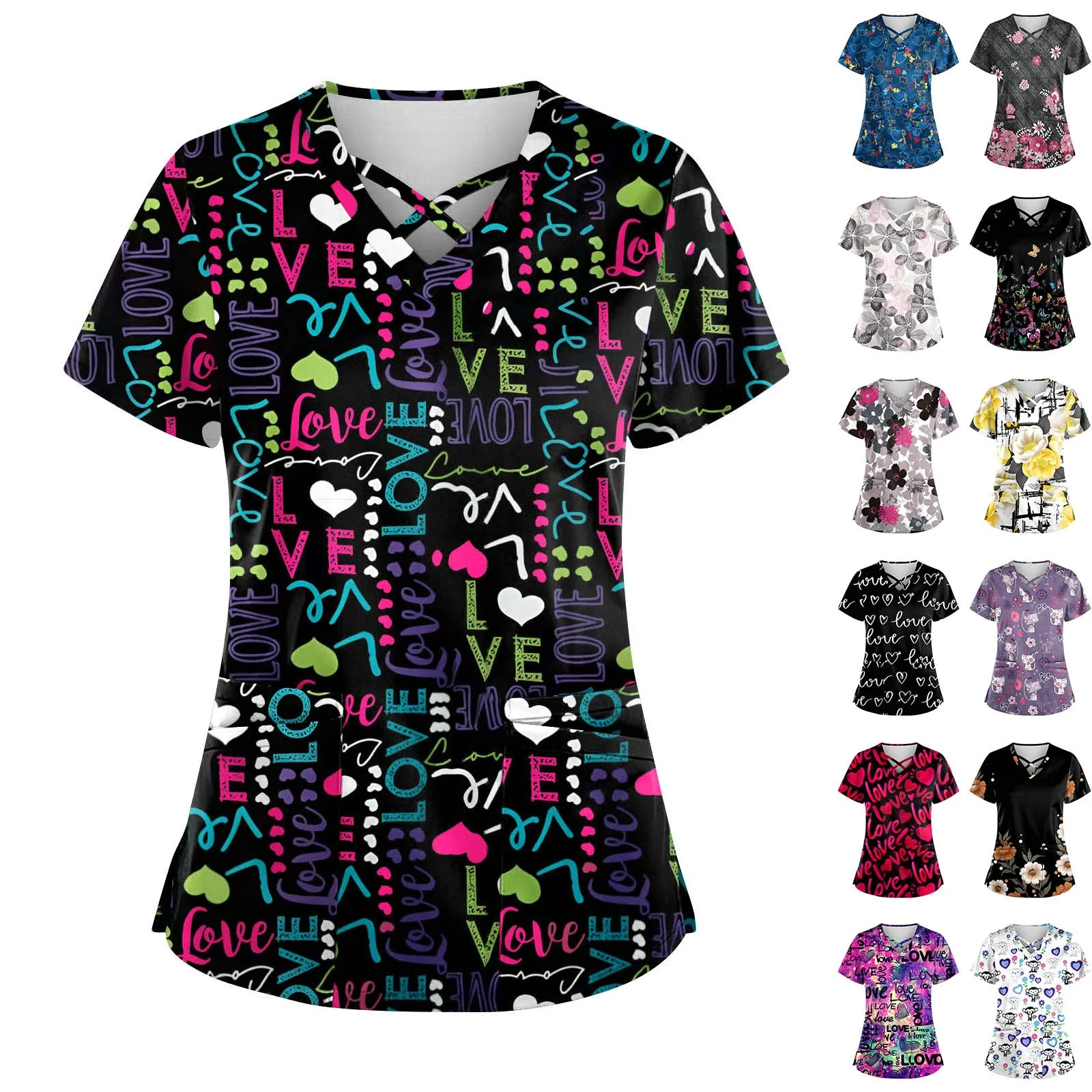 

Female Floral Printed Scrub Working Uniform Tops V-Neck Short Sleeve Soft and Comfy Workwear Tee With Pockets