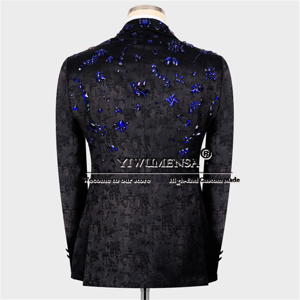 Royal Blue Stone Beaded Suits Men For Wedding Tailored Double Breasted Floral Jacket Trousers 2 Pieces Groom Tuxedos Male Dress