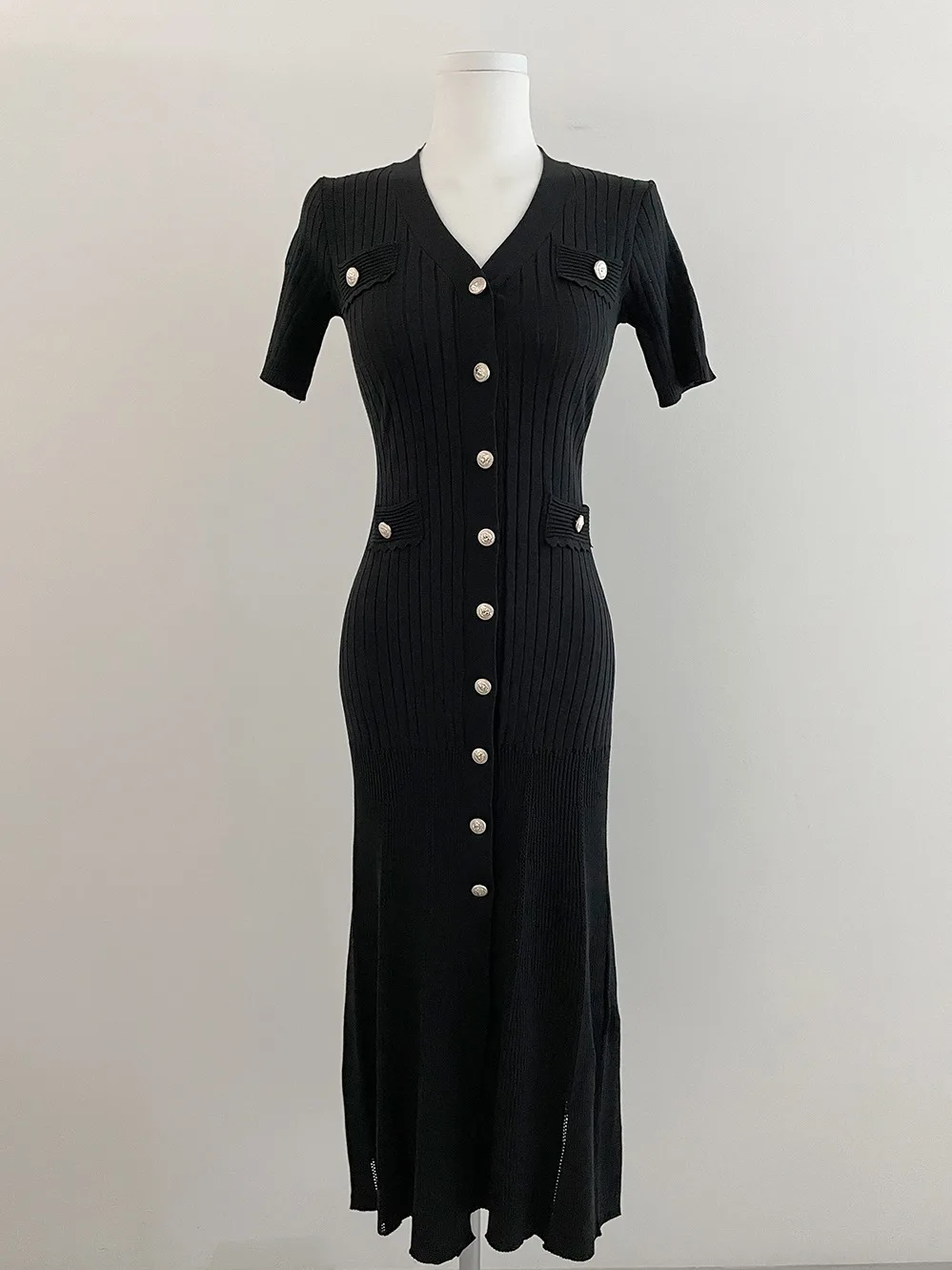 Vestido Midi Slim Fit de Malha Preta com Decote em V, Csola de Camada Base, Estilo Casual para o Dia a Dia, Moda Fena ...