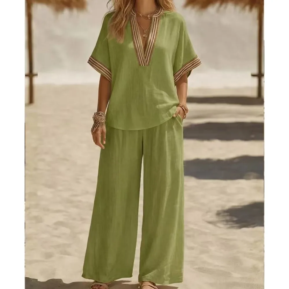 

Fashion Striped Short-sleeved V-neck T-shirt Trousers Women 2-piece Spring Summer New Casual Loose Holiday Trousers Suit Female