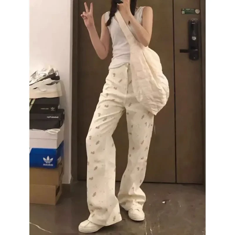 American white bear floral jeans female 2024 new cartoon straight loose wide-leg pants with drooping feeling mopping the floor