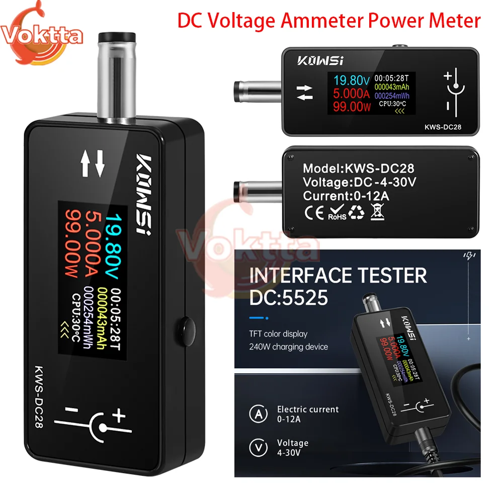 

KWS-DC28 DC Voltage Ammeter Power Meter TFT HD Digital Display Volt Current Detector Power Bank Charging Tester DC 4-30V 0-12A