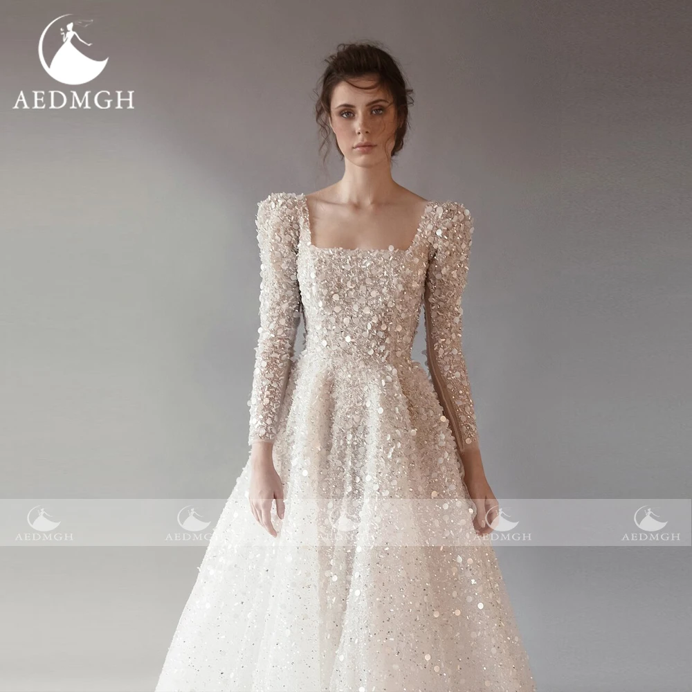 Aedmgh-Robe de mariée de luxe A-Line, col bateau, manches longues, dentelle, paillettes scintillantes, charmante robe de mariée, 2024