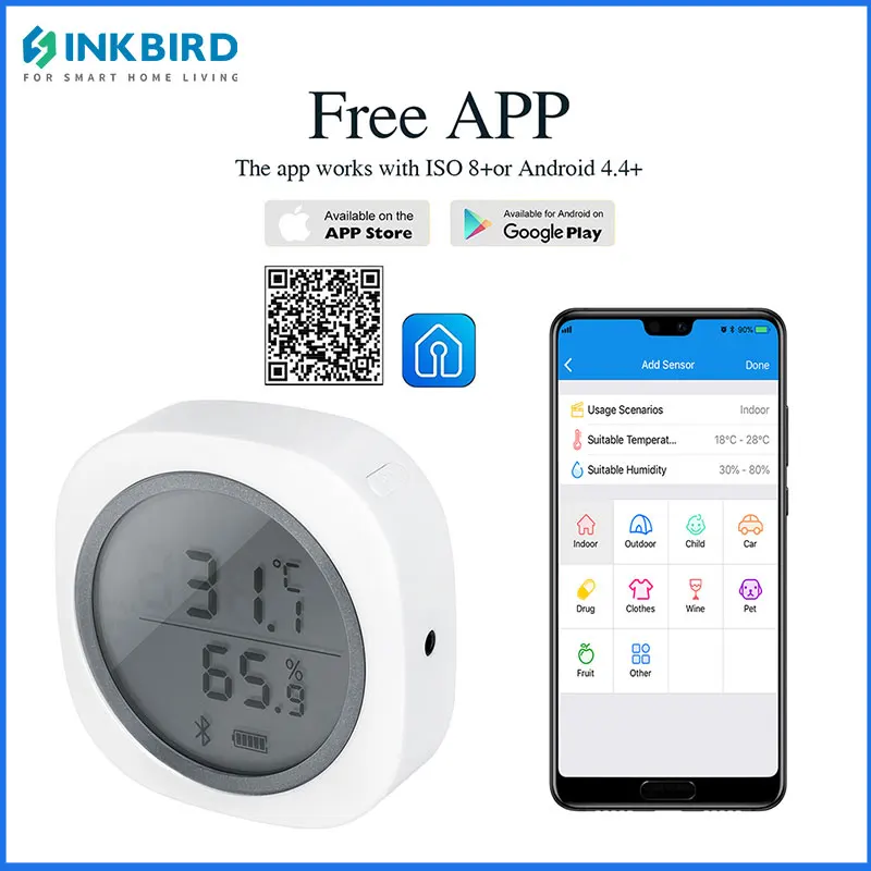 INKBIRD Bluetooth Temperature and Humidity Sensor IBS-TH1 Plus Smart LCD Screen Temperature Thermometer for Home,Car,Clothes,Pet