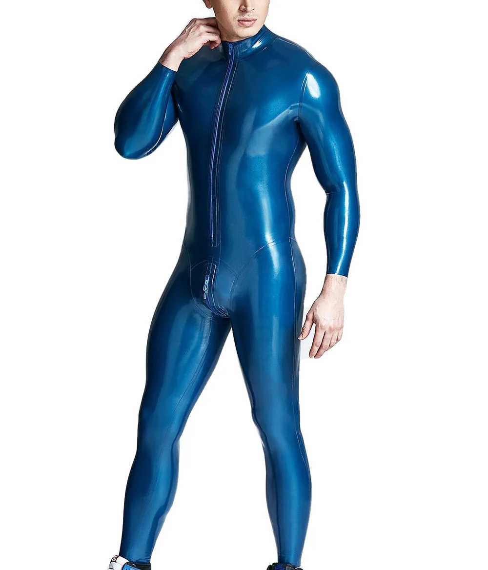 

Men's Latex Bodysuit Metallic Blue Front Zipper Rubber Cat Suit