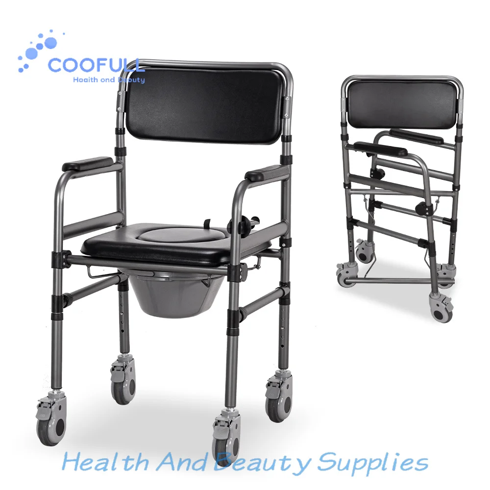 Coolfull Disabled Patient Toilet Shower Commode Chair Adjustable Height Foldable Aluminum Frame Capacity for Bathroom Safety