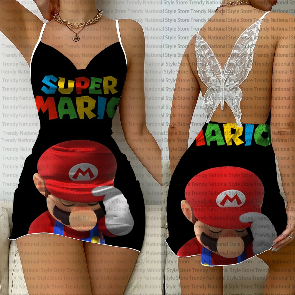 New Style Cartoon Anime Super Mario Print Women's Suspender Dress Casual Fashion Simple Home Clothing Lace Backless Dress