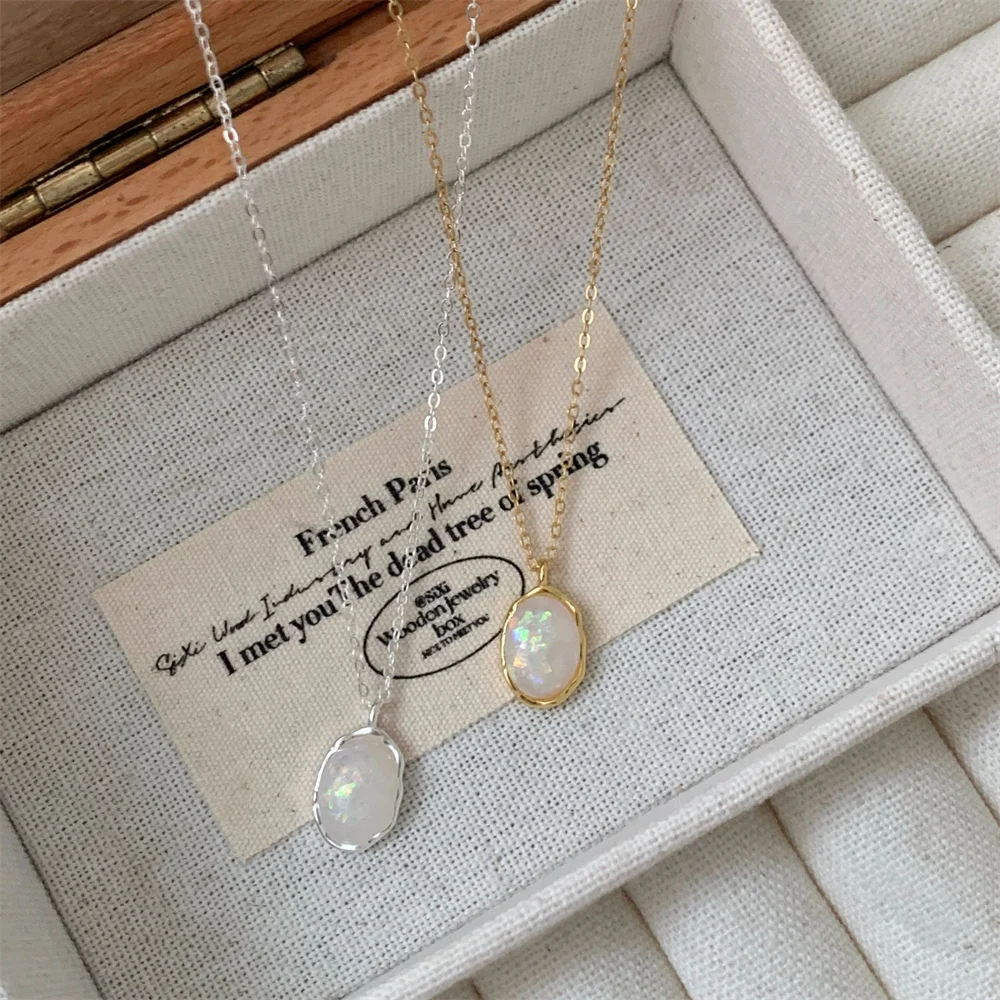 

Korean Style S925 Sterling Silver Necklace for Women, Vintage Opal Pendant, Niche Premium Versatile Collarbone Chain