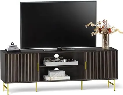 70” Mid Century Modern TV Stand, Long Entertainment Center with Storage Cabinet, Wood TV Media Console with Stable Metal Leg