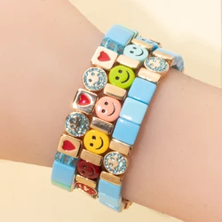 2024 New Happy Face Charm Bracelets For Women Colorful Acrylic Square Beads Charm Elastic Boho Hand Accessory