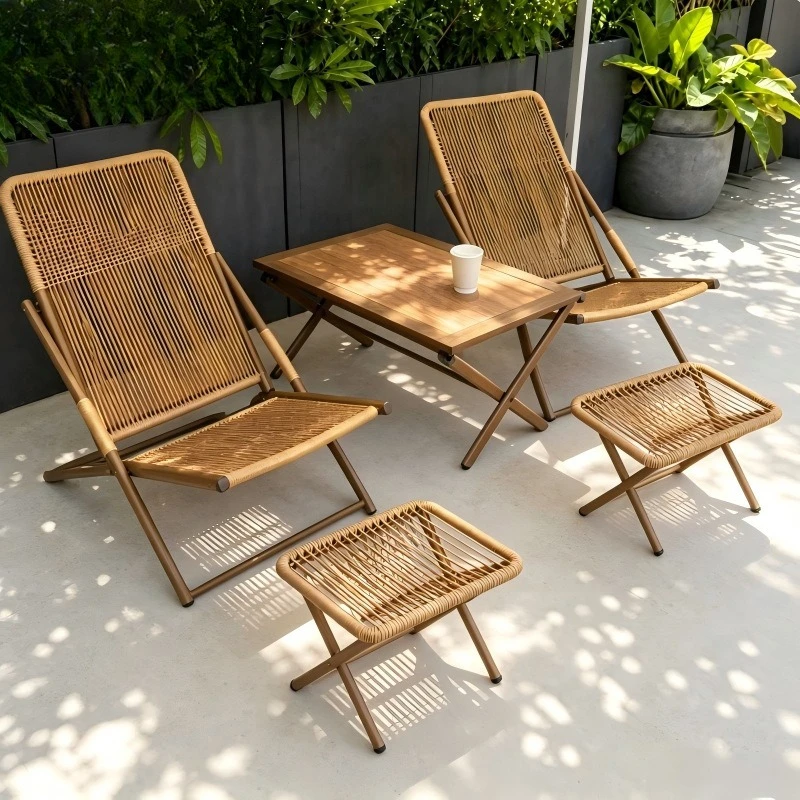 Folding chair recliner household lunch break waterproof sunscreen rattan chair back chair courtyard open-air garden balcony