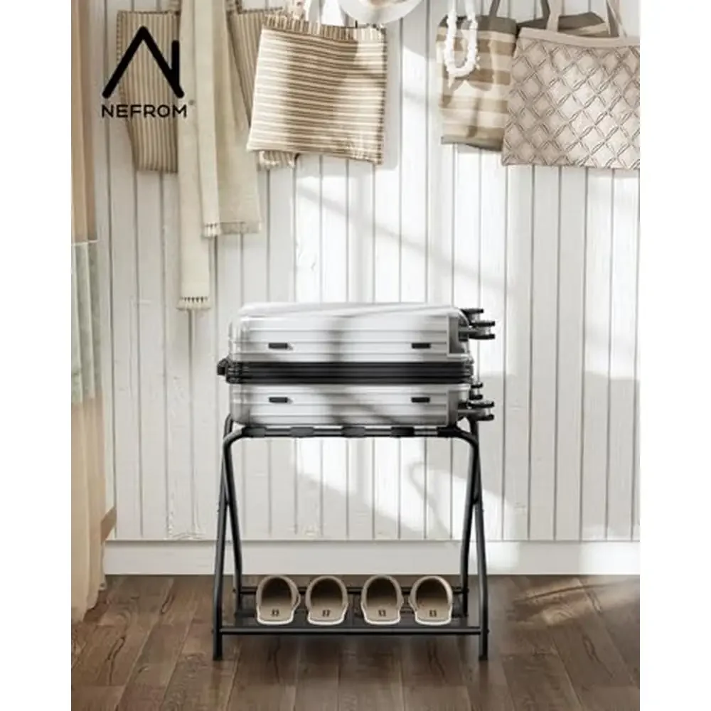 Luggage Rack Foldable Stand Metal Shelf Suitcase Holder Storage Guest Room LR-BK-2 Iron Frame Nylon Straps Sturdy Portable