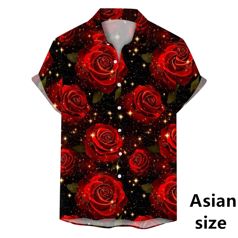 

3D Rose Graphic Print Men's Shirt For Summer Fashion Short Sleeve Button Lapel Shirt For Males Hawaiian Beach Blouse For Couple