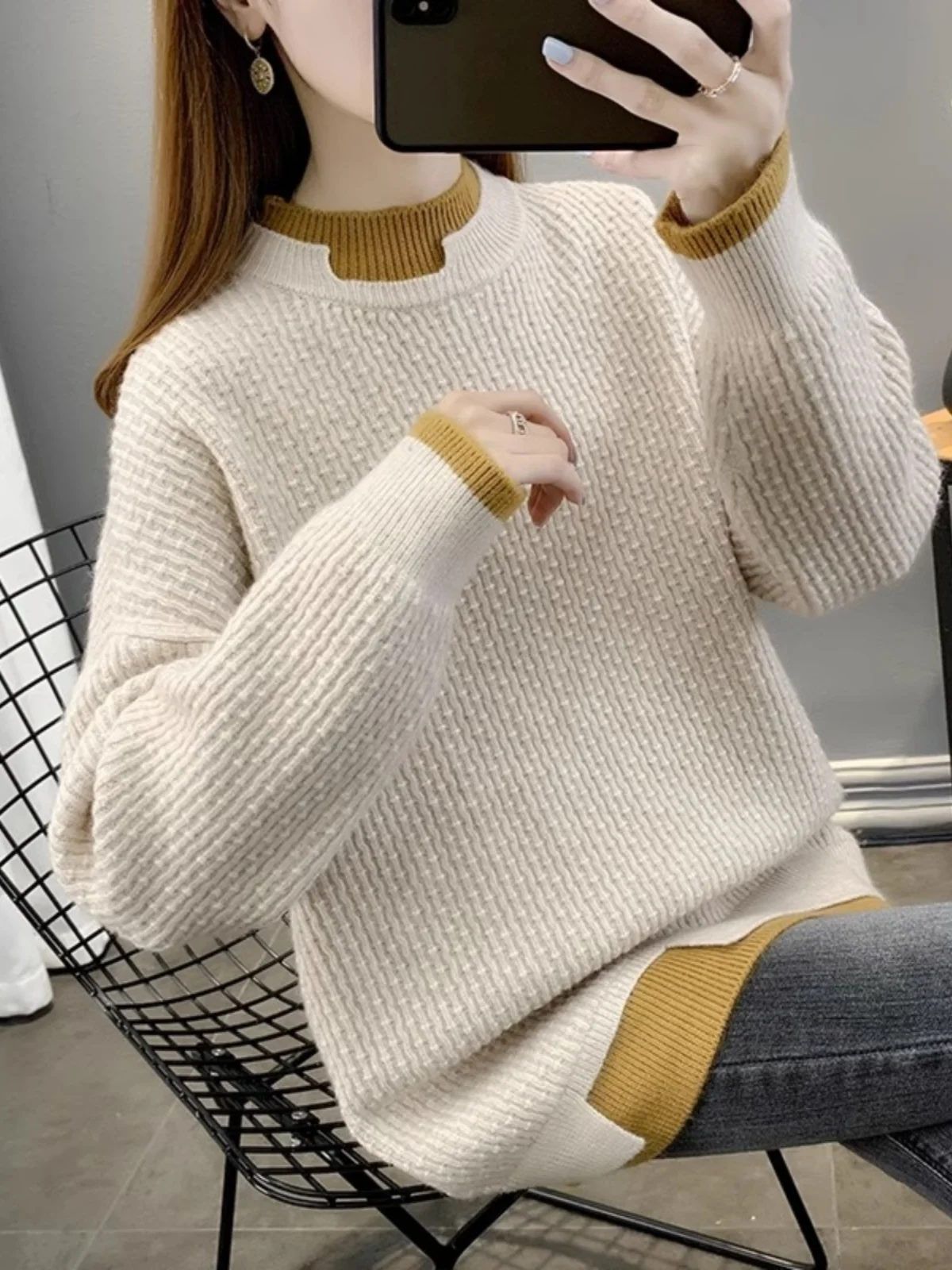 

Женский свободный вязаный свитер Thiened из двух частей с высоким воротником, весенне-осенняя модная верхняя одежда средней длины Base irt