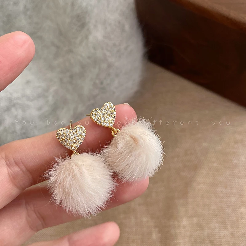 Winter Plush Heart Drop Earrings for Women - High-End Unique Jewelry with Soft Appeal.