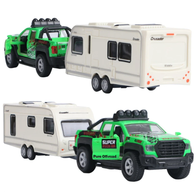 1/32 Alloy Truck Transport Car Vehicles Model Diecast Toy Travel Touring Car Yacht Trailer Car Pickup Model Sound Light Kid Gift