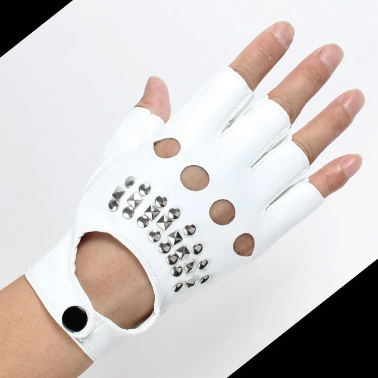 PU Half Finger Gloves Riveted Fingerless Gloves Hollow Out Performance Dance Cycling Stage Show Gloves