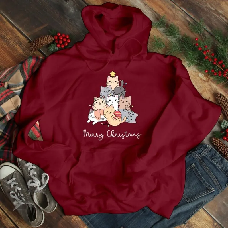 猫のクリスマスツリーパーカー、かわいい猫好きへのギフト、面白い猫ママスウェットシャツ、ニャーっとするクリスマスホリデーアパレルジャンパートップス