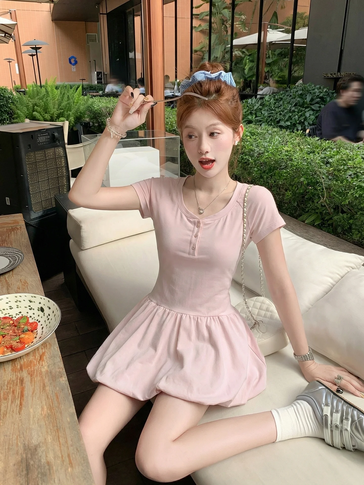 

Korean Style Short Sleeve Pink Dress Women's Summer Waist Cinching Flower Bud Skirt Dress Commute Suitable Embroidered