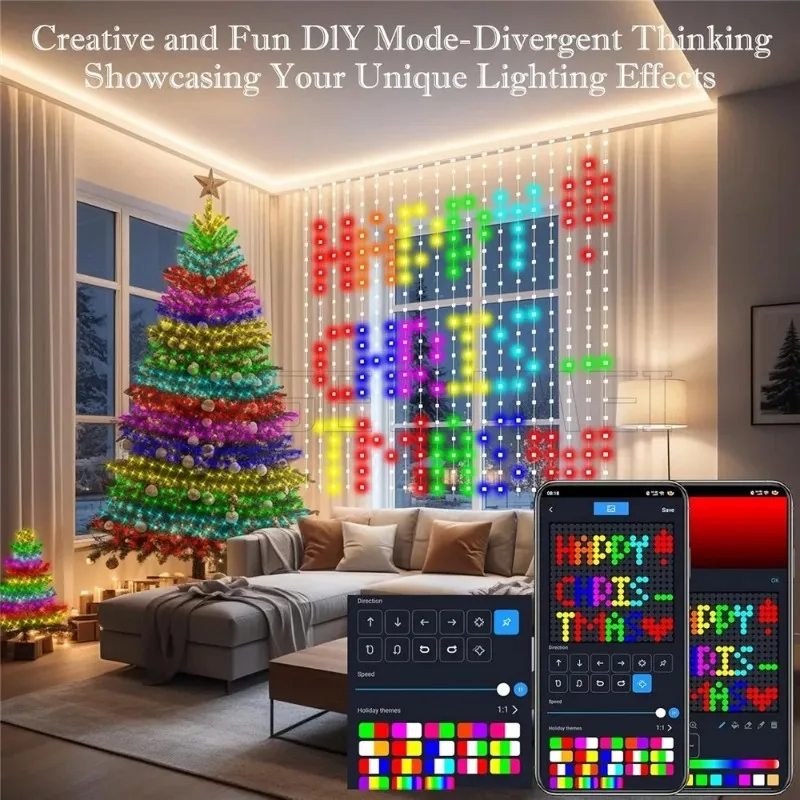 400LEDs Smart LED Curtain Lights USB Dynamic Pattern DIY Curtain String Light with App Remote for Birthday Easter Gift 2*2m/3*3m