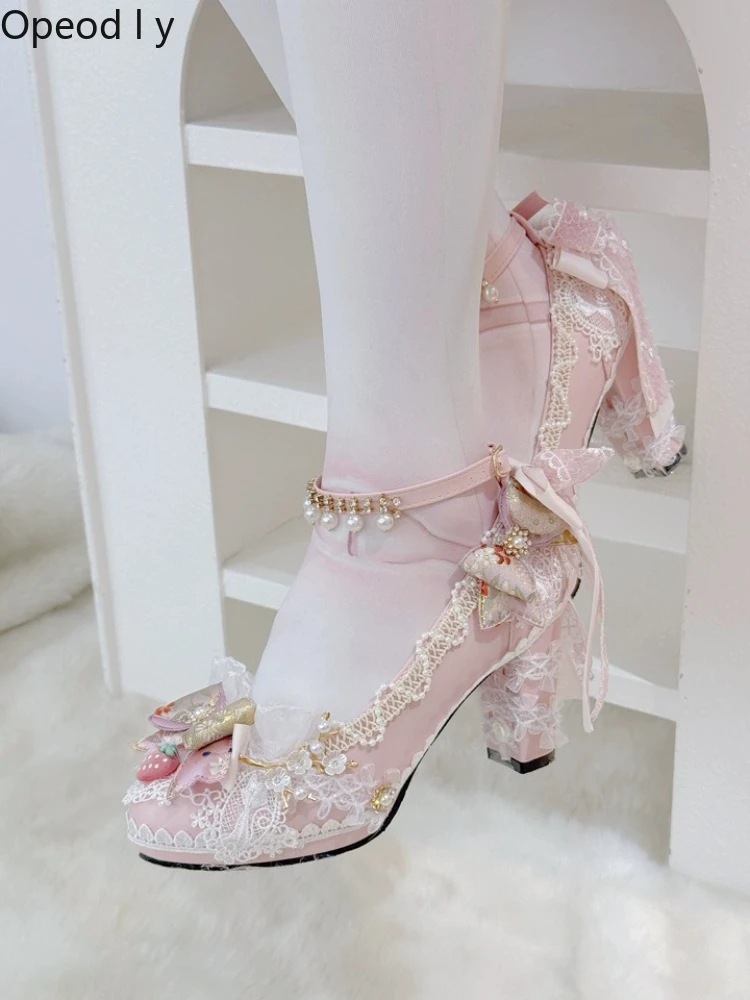 

Japanese Original Lolita Pink Handmade High Heels Sweet Elegant Bow Round Head Thick Heel Tea Party Versatile Lo Shoes for Women