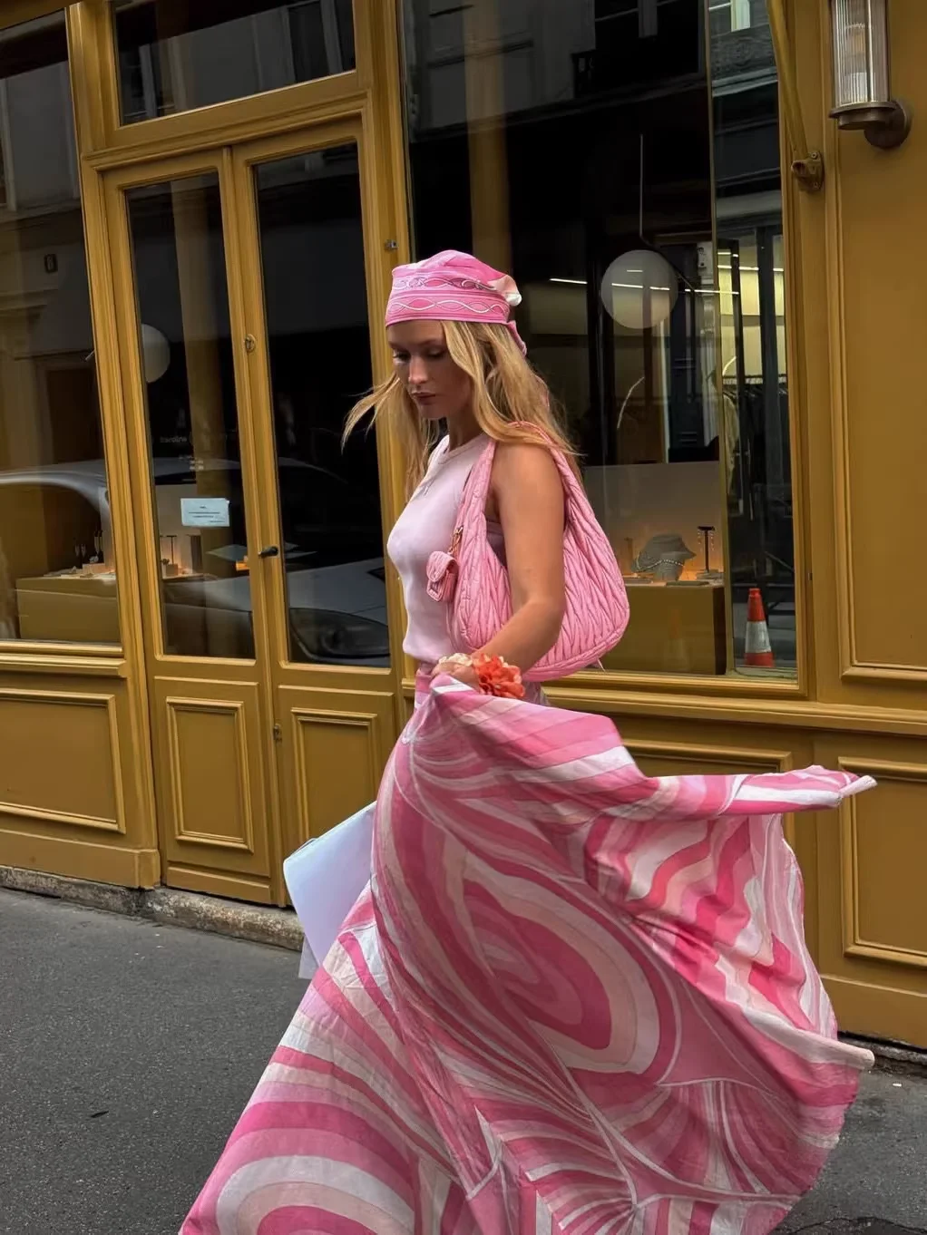 

2026 Spring Summer Pink Shirt Fashion Women's Midi Skirt Silk Sexy Ladies Printed Blouse Outfits